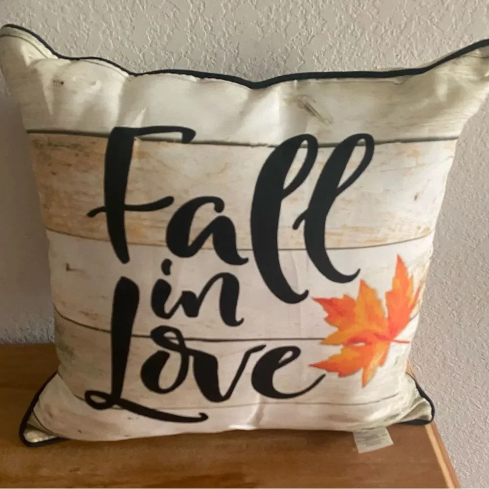 Fall in Love Wood Plank Print Outdoor Throw Toss Pillow 16x16 in Seasonal Decor